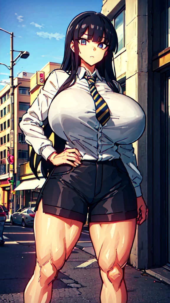 1 girl, (cowboy shot), (black hair), (long hair), (hime cut:1.3), (long eyelashes:1.05), (detailed eyes:1.3), (tall), (huge breasts:1.3), (thick thigh:1.3), (wide hip:1.2), (jacket, shirt, striped shorts, necktie, modern outifit), (city), masterpiece, high quality, high detailed