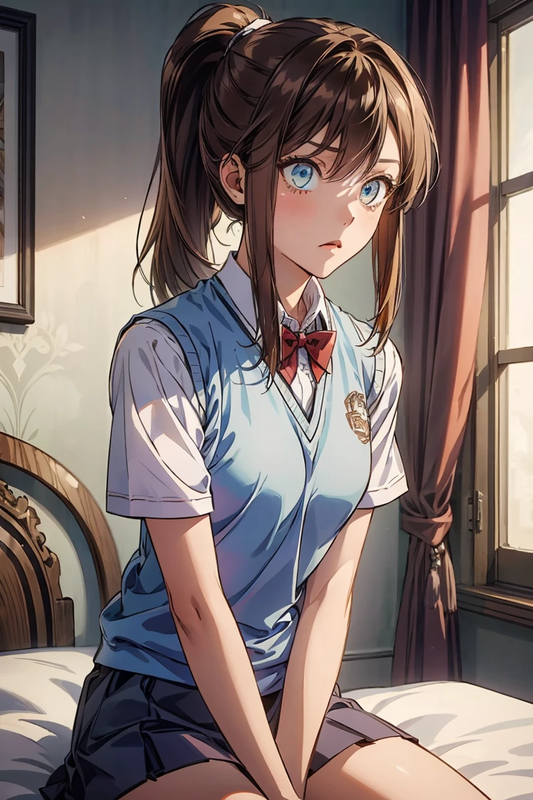 an1, brown eyes, ponytail, 
BREAK ((orange sweater vest, short sleeves, red bowtie, blue miniskirt:1.2)),
BREAK indoors, serious expression, tall, mature, elegant,
BREAK (masterpiece:1.2), best quality, high resolution, unity 8k wallpaper, (illustration:0.8), (beautiful detailed eyes:1.6), extremely detailed face, perfect lighting, extremely detailed CG, (perfect hands, perfect anatomy),