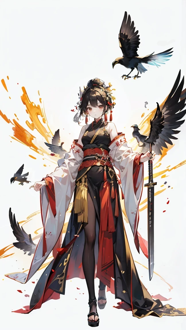 youth,Three-legged crow,black hanfu,golden Chinese armor,Tang Sword,Simple background