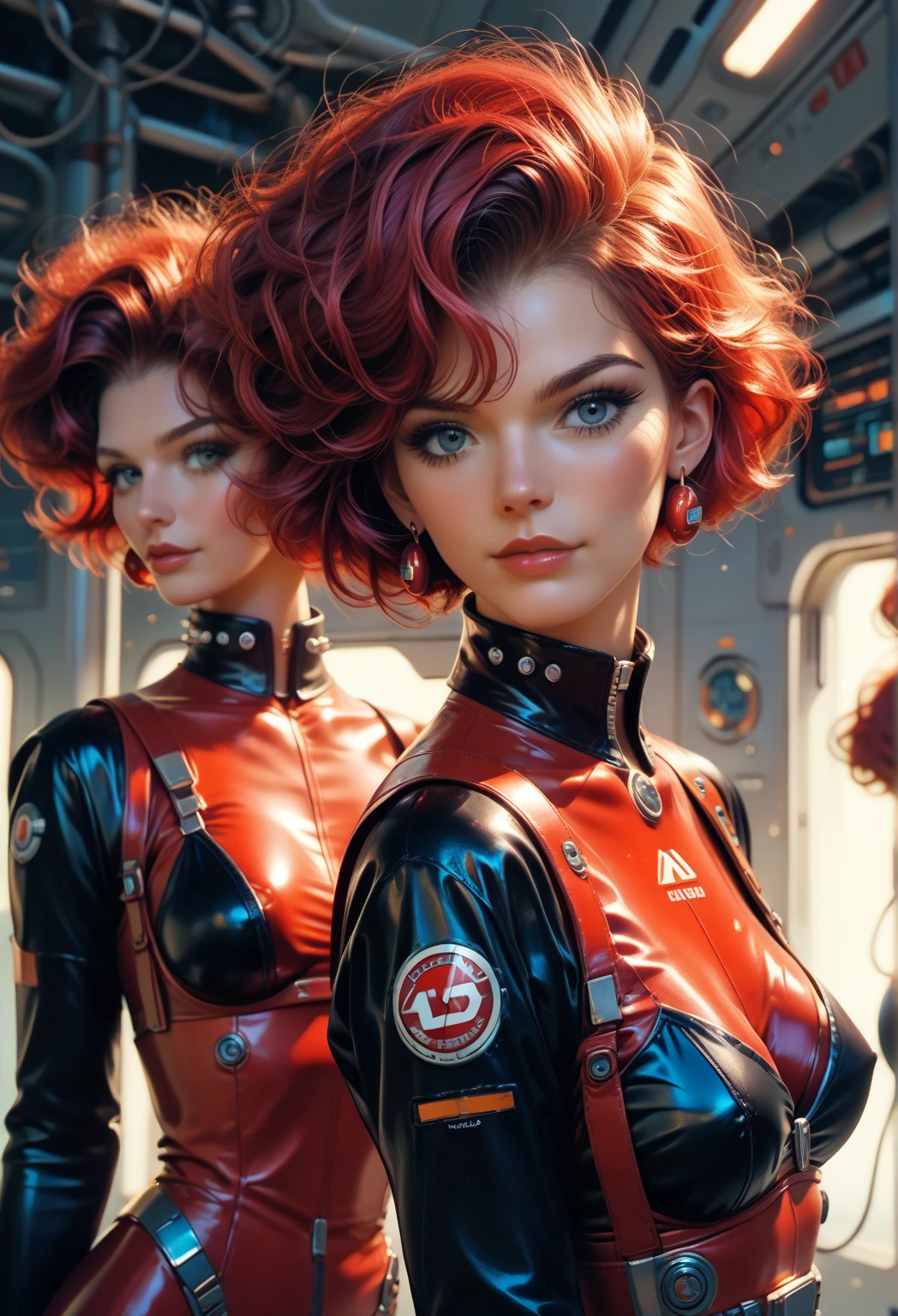 Retro futuristic, ((retro futurism)), 3 girls, crimson hair, leather collars, ((Science fiction)), 1950s, (((1960s))), revealing sci fi uniform, explicit pornographic pose, wearing a shinestrap bra