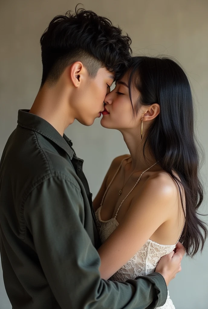 Amazing portrait of a cute goth woman with her short black hair in a bob hairstyle with heavy eyeliner around her eyes wearing an off shoulder t shirt that is orange and black with black bra straps kissing and making out passionately with a shirtless boy on the bed in an intimate setting