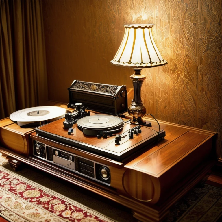 A beautifully detailed vintage record player sitting on an elegant wooden table in a cozy room, with a graceful woman seated behind it. The record player features intricate brass and wood detailing, with a slightly worn yet polished finish, spinning a vinyl record that reflects the soft, warm lighting. The woman has a regal presence, wearing a classic vintage dress in shades of cream and gold with intricate lace and embroidery that complements the nostalgic atmosphere. She has an air of elegance, her hair styled in loose waves, and she gazes thoughtfully at the record player while holding a delicate porcelain teacup. Surrounding the scene are vintage elements: a glowing stained-glass lamp, a vase of dried flowers, a stack of vinyl records, and a patterned rug. The room is styled with rich tones of mahogany, cream, and gold, featuring ornate wallpaper and subtle dust particles illuminated in the warm light. The composition captures timeless beauty, blending the charm of the vintage era with an intimate, serene ambiance,