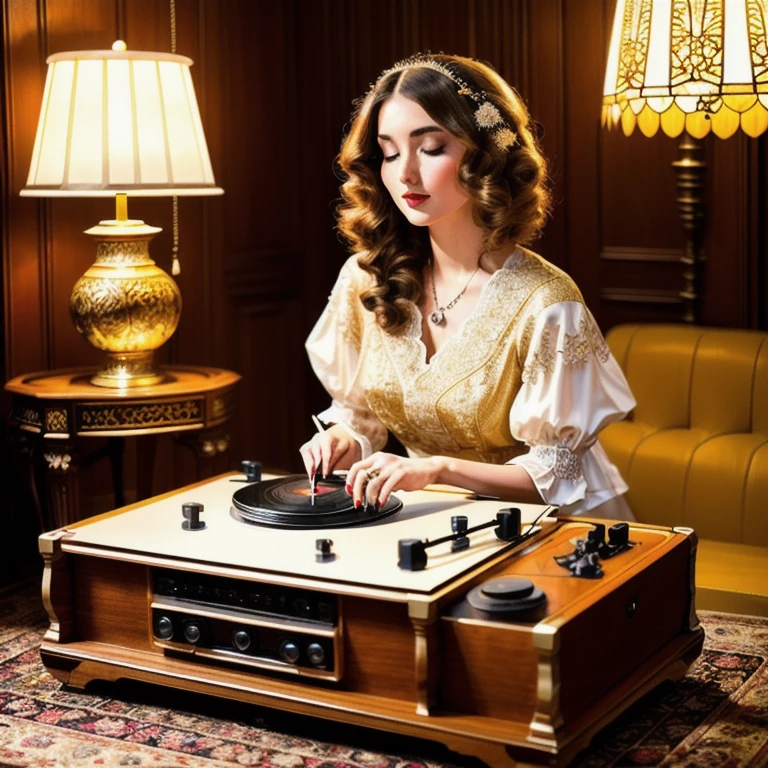 A beautifully detailed vintage record player sitting on an elegant wooden table in a cozy room, with a graceful woman seated behind it. The record player features intricate brass and wood detailing, with a slightly worn yet polished finish, spinning a vinyl record that reflects the soft, warm lighting. The woman has a regal presence, wearing a classic vintage dress in shades of cream and gold with intricate lace and embroidery that complements the nostalgic atmosphere. She has an air of elegance, her hair styled in loose waves, and she gazes thoughtfully at the record player while holding a delicate porcelain teacup. Surrounding the scene are vintage elements: a glowing stained-glass lamp, a vase of dried flowers, a stack of vinyl records, and a patterned rug. The room is styled with rich tones of mahogany, cream, and gold, featuring ornate wallpaper and subtle dust particles illuminated in the warm light. The composition captures timeless beauty, blending the charm of the vintage era with an intimate, serene ambiance,