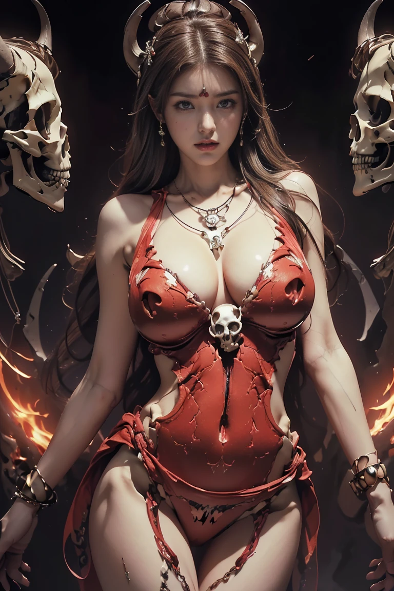 A Strawberry, ((Masterpiece, top quality, high resolution, highly detailed CG unified 8K wallpaper)), (huge stunning goddess shot, very hot and sexy, jaw-dropping beauty, perfect proportions, beautiful body, slim body beauty:1.3), (dynamic pose, dynamic composition),(demon skull head necklace:1.5),