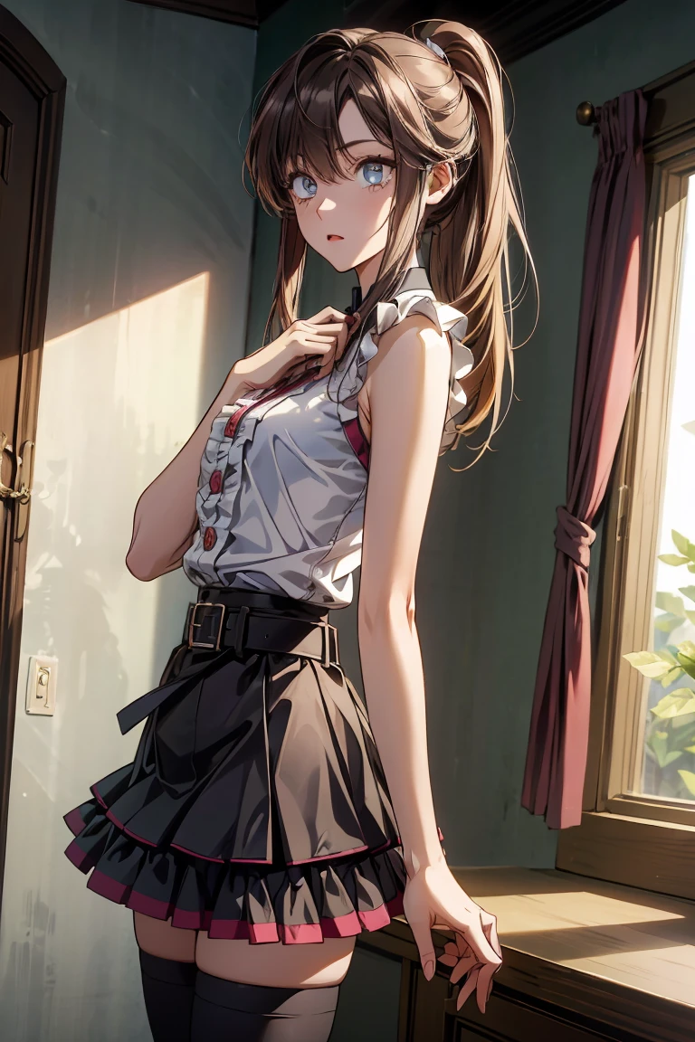 an1, brown eyes, ponytail, 
BREAK ((sleeveless shirt, rose, frills, belt, black miniskirt, black thighhighs, lace trim:1.2)),
BREAK indoors, serious expression, tall, mature, elegant,
BREAK (masterpiece:1.2), best quality, high resolution, unity 8k wallpaper, (illustration:0.8), (beautiful detailed eyes:1.6), extremely detailed face, perfect lighting, extremely detailed CG, (perfect hands, perfect anatomy),