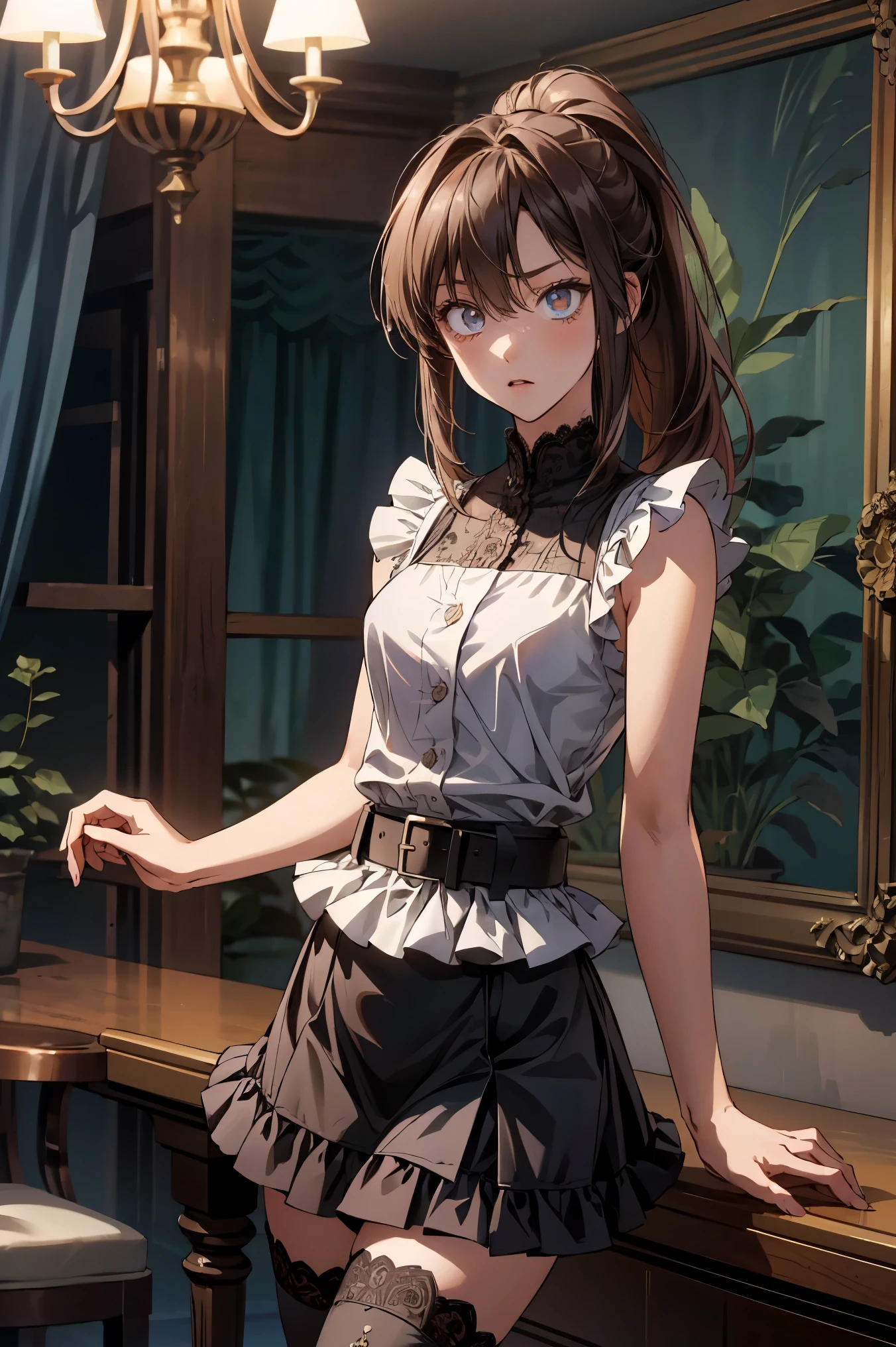 an1, brown eyes, ponytail, 
BREAK ((sleeveless shirt, rose, frills, belt, black miniskirt, black thighhighs, lace trim:1.2)),
BREAK indoors, serious expression, tall, mature, elegant,
BREAK (masterpiece:1.2), best quality, high resolution, unity 8k wallpaper, (illustration:0.8), (beautiful detailed eyes:1.6), extremely detailed face, perfect lighting, extremely detailed CG, (perfect hands, perfect anatomy),