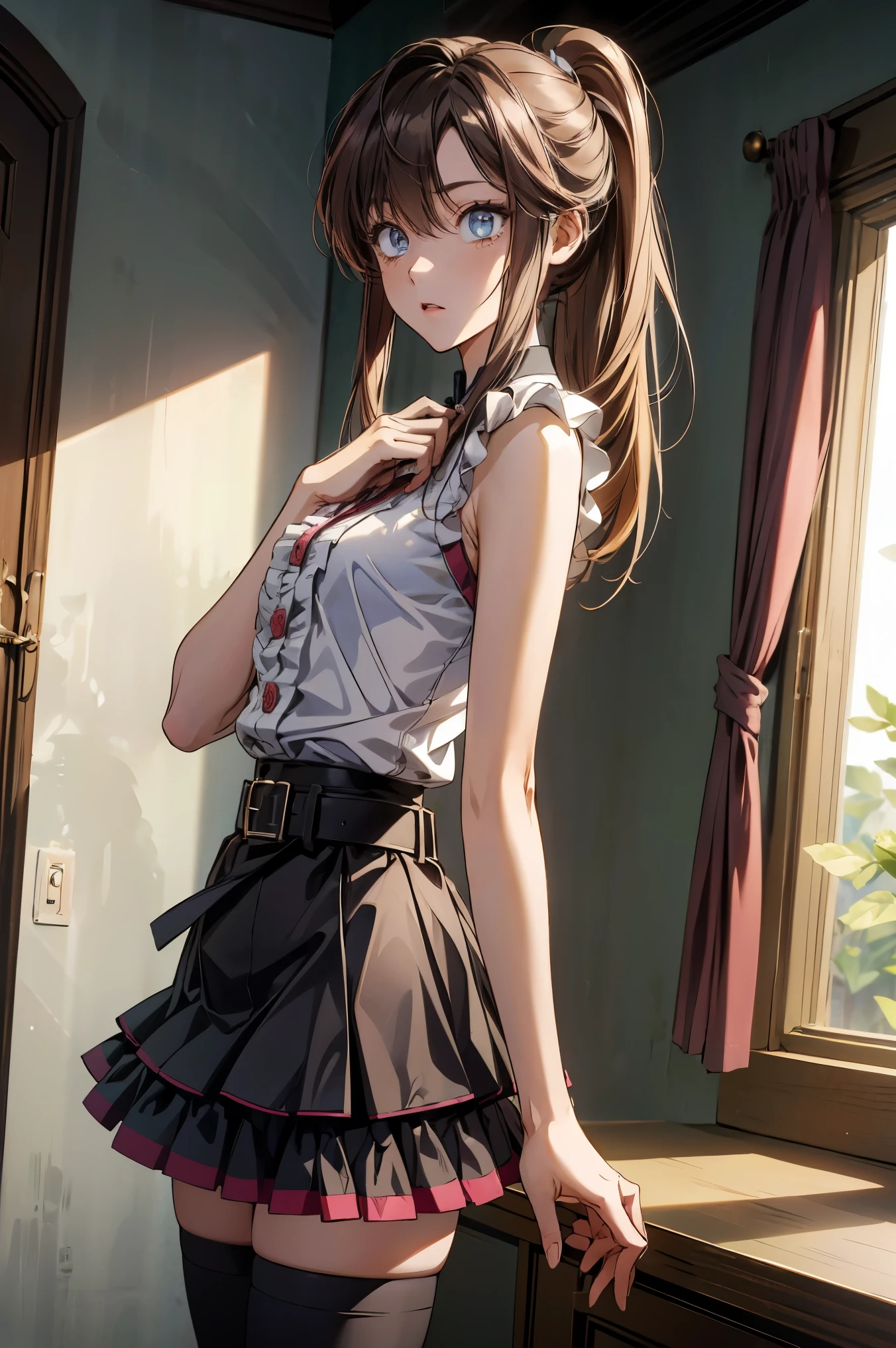 an1, brown eyes, ponytail, 
BREAK ((sleeveless shirt, rose, frills, belt, black miniskirt, black thighhighs, lace trim:1.2)),
BREAK indoors, serious expression, tall, mature, elegant,
BREAK (masterpiece:1.2), best quality, high resolution, unity 8k wallpaper, (illustration:0.8), (beautiful detailed eyes:1.6), extremely detailed face, perfect lighting, extremely detailed CG, (perfect hands, perfect anatomy),