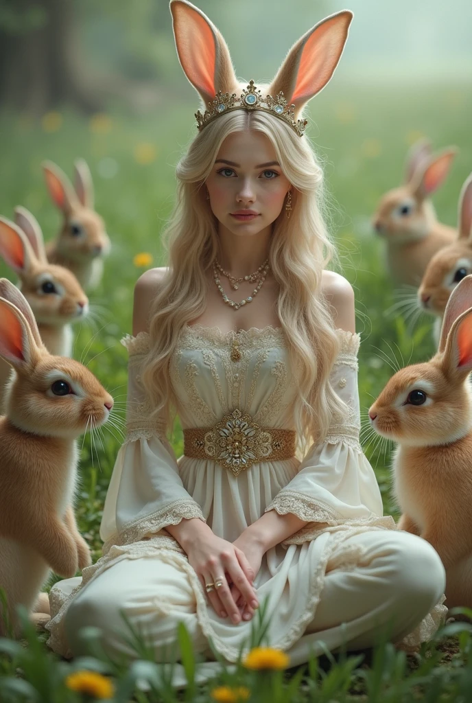 "A full-body shot of a realistic fairytale scene in a magical palace in a beautiful magical forrest, bathed in sunlighting."Beautiful pastel colour pallette. "A fairy queen 1 with realistic striking big blue eyes with eye makeup and a serious, direct gaze at the camera" "golden extra long hair, doing hand stand with a careless expression, wearing a thin blue/green dress, sits in a thin white gold thrown." Her rose-gold delicade fairy-crown, is hanging by the ends of her hair 1:1. A Fairy queen 2 with golden-brown long curly hair in a thin light blue dress is standing by clapping her hands, looking at fairy queen1 with staring thorough detaled blue bright eyes and shocked look with open mouth, perfect shaped pearly white teeth and pursed lips. Singing fairy3 with a long white hair in a sheer golden wet transparent dress outfit, big breasts, thin waist, big butt, looks provocative with her mouth almost sedusive at fairy queen 2 laughing""The lighting is natural and bright, highlighting their features and casting a soft glow around their hair, creating a high-contrast effect that emphasizes the subject's presence. " "Elf king is sitting on a royal chair in a elfie chlothes." "A white rapid sits in on a decorative dining table1:1" "while a rainbow colored bird perches on the top of the thin royal thrown". The scene includes a messy fairy queens in a beautiful and magical forrest palace. "The vast environment paints a magical but weird admosphere". Perfect human female body. Best hands 1:1, super realistic hair 1:1, hyper realistic eyes 1:1, extra detailed delicate moist skin, most detaled and realistic face 1:1. A realistic stage with thorough details and clear focus on the queens. Perfect feet, hands and arms and legs and toes. Not to many arms or legs. 