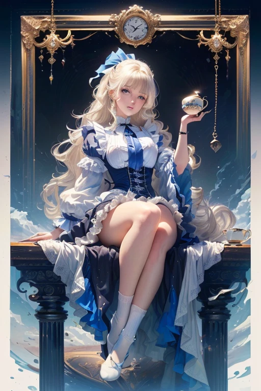 (masuter piece, high-quality, Mystical, Beautifully Aesthetic, ideal ratio of body proportions, offcial image art, Impresionism), (ultra high resolution, 8K RAW photo, photo realistics, natural lighting, textile shading), (1 matured woman:1.3, solo:1.5, milf:1.1), (Fractal pattern Art:1.2), shinny skin, tile patterns, ((alice in the wonderland:1.2, a girl floating in air:1.35, smiling with half-closing eyes)), ((flying PlayingCards, Trump, floating tea cup, floating tea pot, pocket watch:1.3, big mirror, lip sticks, candys, jam bottles)), cute animetic white rabbit, ((dark-Blue dress :1.5, a miniskirt, White Apron, white sock)), (platinum-blonde, tied hair with a ribbon), (Blue eyes, bright pupils with highlights, detailed eyes), (lying on your back:1.2, leaning backward:1.2, with rising up legs:1.3), ((dutch angle:1.5, full body:1.3, from below:1.2)), Exotic wallpapers, colorful image, simply background, fantastic, fantasy:1.5, ((correct anatomy:1.5, correct hand)),