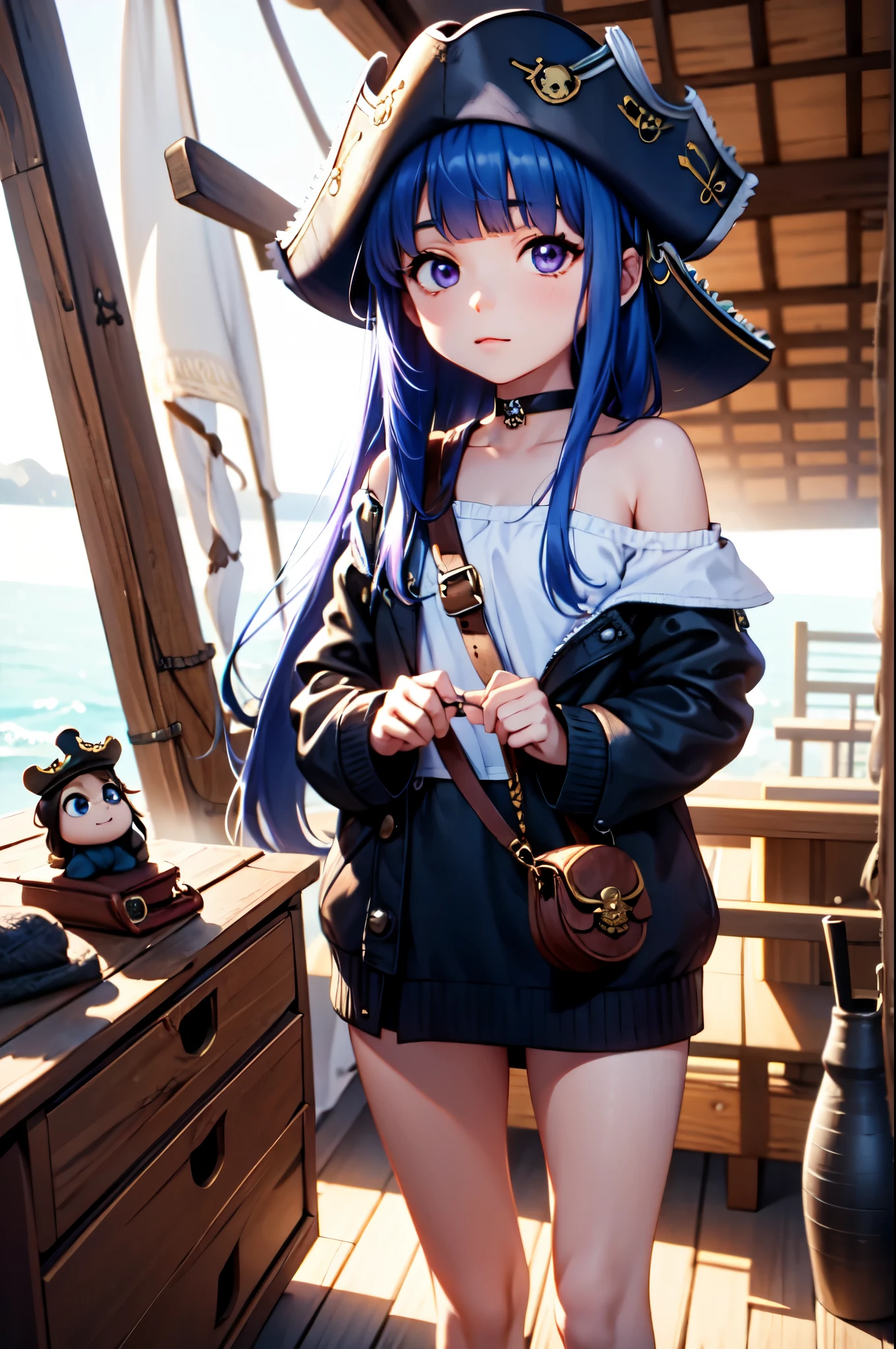 (Eye patch), One Girl, alone, (Furude Rika), Blue Hair, Purple eyes, Long Hair, blunt bangs, bangs, AnimeChibi, Holding a treasure map、Female pirate planning strategy in the cabin of the ship。The eye patch and leather outfit are distinctive.、A treasure chest can be seen behind。A situation filled with tension and adventure。
, pirate, pirate hat, deck, coat, bare shoulder,