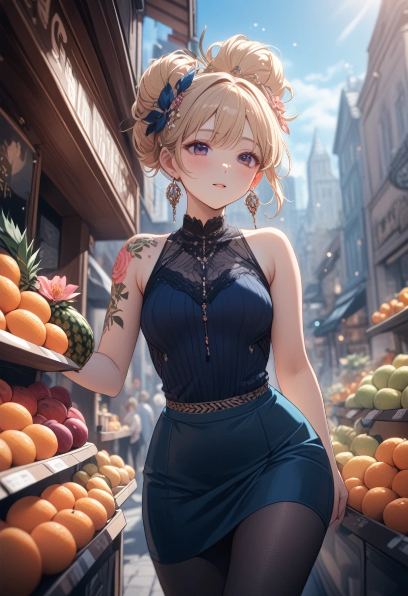 anime,  1girl,  Curvy in a Bun Hair ,  2 Hairpins Black Stick ,  hair blond ,  Caral Eyes ,  ulybka, earrings,  Small Jewelry ,  Dressed in a Lightweight Sleeveless Shirt,  on the Arm Flower Tattoo ,  Mini Skirt Beautiful , tights,  Studs on the legs , City Street background , Near the Counter ,  beautiful path , shop , flowers, Fruits,  Various Jewelry ,  sunny day, bright colors, SOFT COLORS, masterpiece, 8 k,  best quality ,  Complex Details , ultra details, 