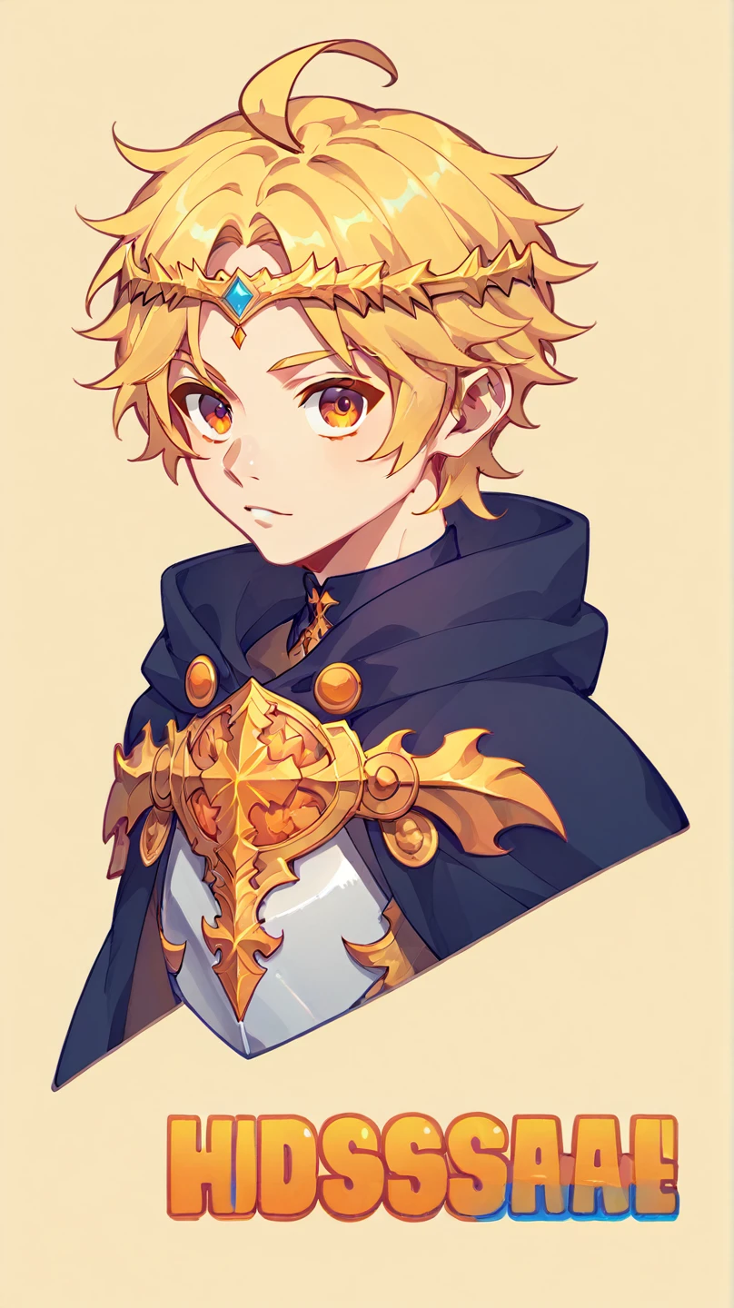 ((Highest Quality))), (Simple background), Solo, character sheet, 1boy, hair Intakes, Blonde Hair, parted bangs, ahoge, orange eyes, circlet, fantasy clothes, light armor, cape, hood down