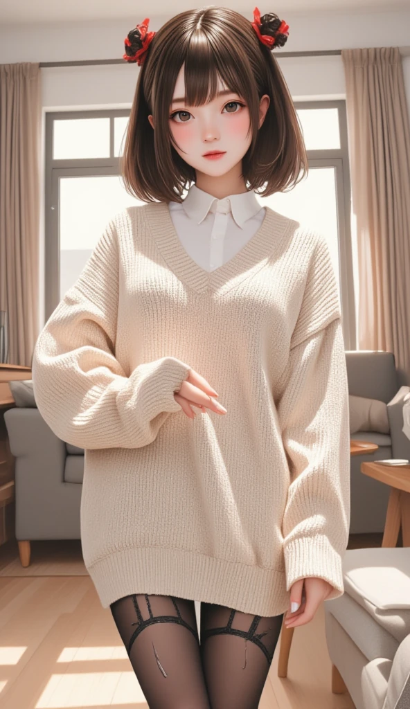  standing  , (  oversized sweater), V-neck, Immature woman, Big red ribbon hair ornament,( review), bangs,  red cheeks  , (  Best Quality Masterpiece  :1.2) Delicate Illustrations,  very detailed, Pantyhose tearing,  Modern House Living Room, indoor, (((  Sexy Poses  ))), (((  smaller))), (((gap)))