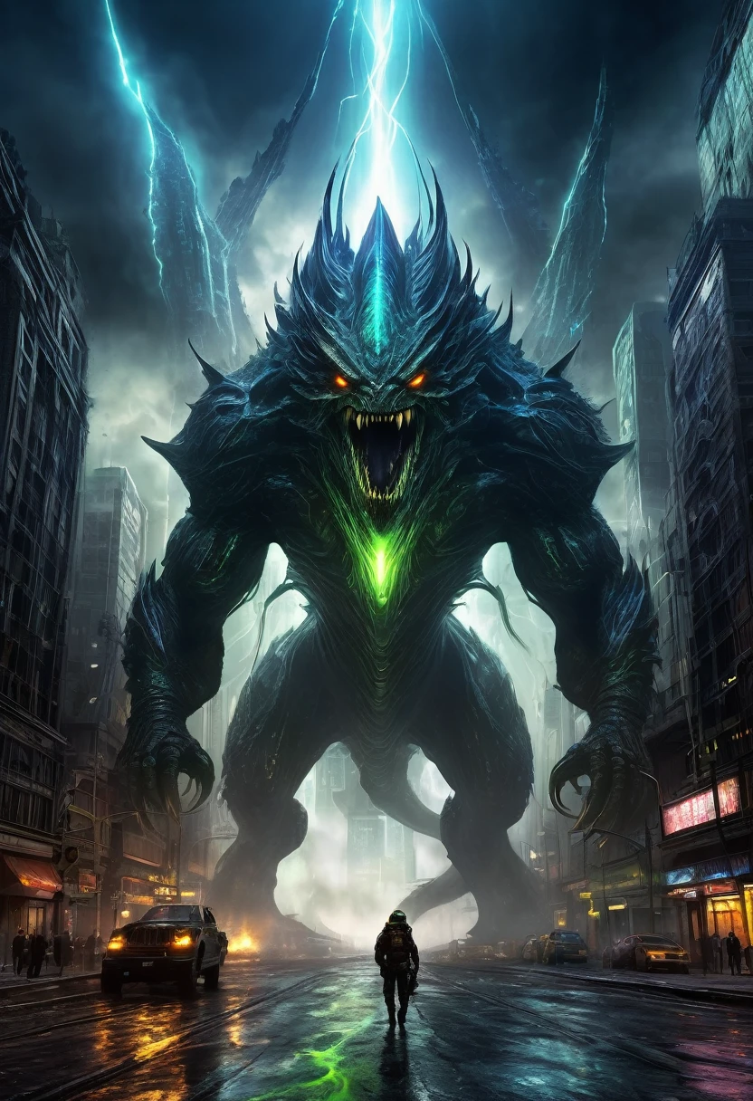 (highres,best quality),
giant sci-fi creature,gigantic sci-fi beast,humongous sci-fi monster, towering sci-fi entity, towering alien creature, colossal extraterrestrial being,massive alien organism,majestic sci-fi titan,immense futuristic creature,huge sci-fi behemoth,
destroyed metropolis,devastated city,ruined urban landscape,dystopian cityscape,apocalyptic city skyline,wrecked city ruins,demolished urban environment,crumbling city streets,desolate downtown area,
scattered skyscrapers,crushed buildings,shattered infrastructure,damaged roads and bridges,wrecked vehicles,fallen debris,burning wreckage,smoke-filled air,deserted city,
glowing eyes,gleaming eyes,fierce eyes,menacing eyes,luminous eyes,piercing eyes,powerful eyes,ominous eyes,Illuminate eyes,
sharp teeth,razor-sharp fangs,ferocious jaws,powerful jaws,huge open mouth,long tongue,lashing tongue,slimy saliva,venomous saliva,
enormous feet,giant stomping feet,destructive feet,massive claws,razor-sharp talons,crushing force,
scales-covered skin,shimmering skin,thick armored hide,alien texture,iridescent surface,bioluminescent patterns,
dark and menacing atmosphere,sinister and brooding mood,ominous and foreboding environment,apocalyptic ambiance,mysterious and eerie setting,
cinematic lighting,dramatic lighting,eerie lighting,surreal lighting,otherworldly lighting,
ominous shadows,descending shadows,creeping shadows,
explosions and destruction,carnage and devastation,chaos and panic,
epic battle,heroic resistance,desperate fight for survival,
cityscape in ruins,lives in ruins,a colossal monster towers over the city,
the city is dwarfed in comparison,city as the playground for the creature,
epic confrontation between monster and humans,
limited color palette,dark and moody color scheme,
vibrant neon lights,pulsating electric hues.