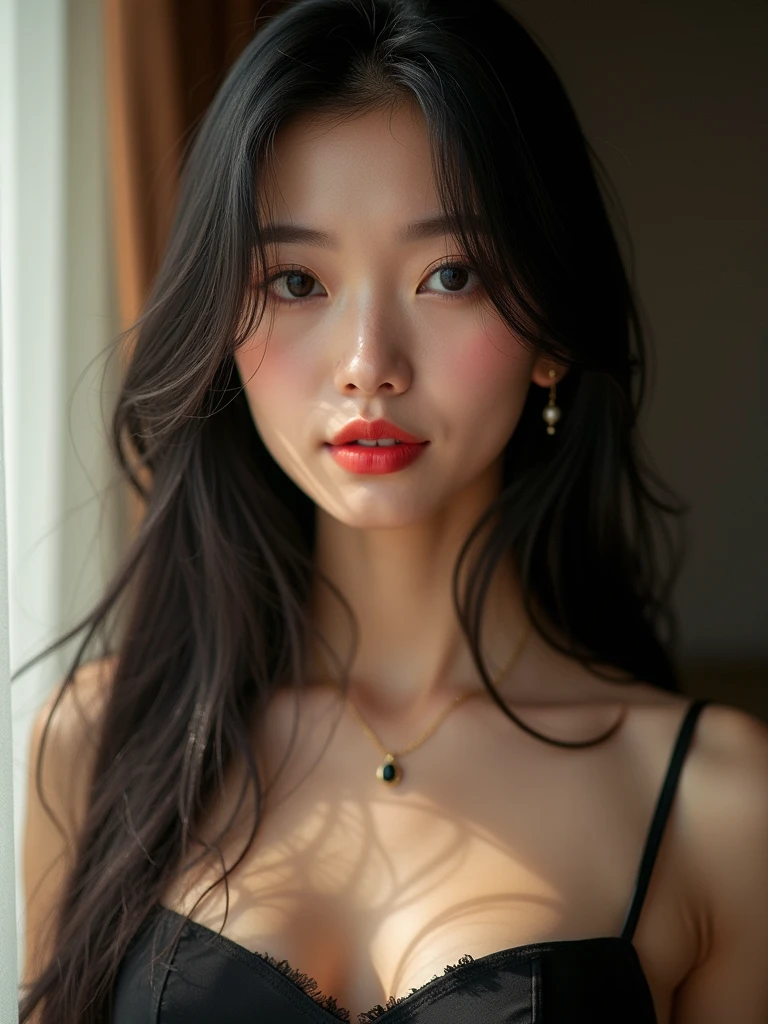 Photo, asian woman, 19 ans, intense face, Red lip,