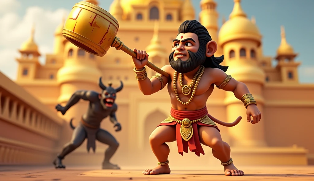 In cinematic 3d cartoon style
"Depict a dramatic scene set in the mystical underworld of Patal Lok. In the center, Hanuman, the monkey god, is shown in his powerful and divine form, with a focused expression, slicing through the five heads of Ahiravan simultaneously using his mace. The background is a dark, eerie cave with flickering torches, ancient symbols, and mystic energy swirling around. Lord Ram and Lakshman are seen tied in the background, their expressions relieved as they witness Hanuman's victory. The overall atmosphere should be intense, with vibrant contrasts of dark shadows and glowing light, highlighting the divine power of Hanuman."