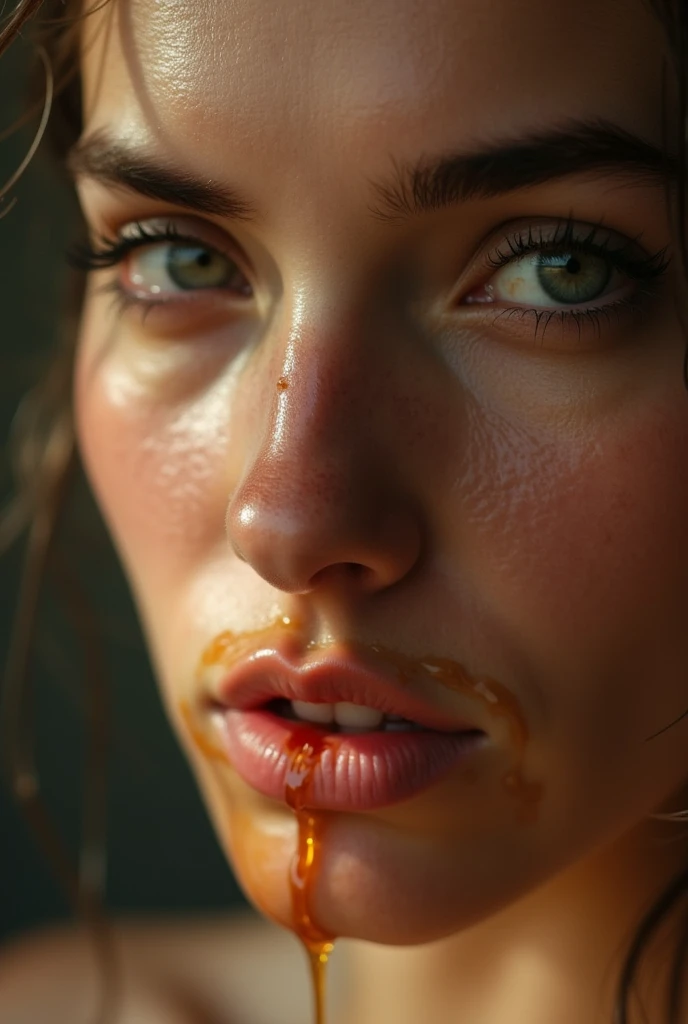 realistic, topless, nude, woman, not wearing clothes, beautiful mouth, enjoying semen, mouth focus, sexy, lick, blonde, orgasm, eyes are slightly open, eyes are askew up between the eyebrows in ecstasy, nice breasts, top down POV on the kneeling on the floor girl with her mouth open, semen squirting out of penis into her mouth, topless, Jennifer Lawrence, blushing, hair covered with cum