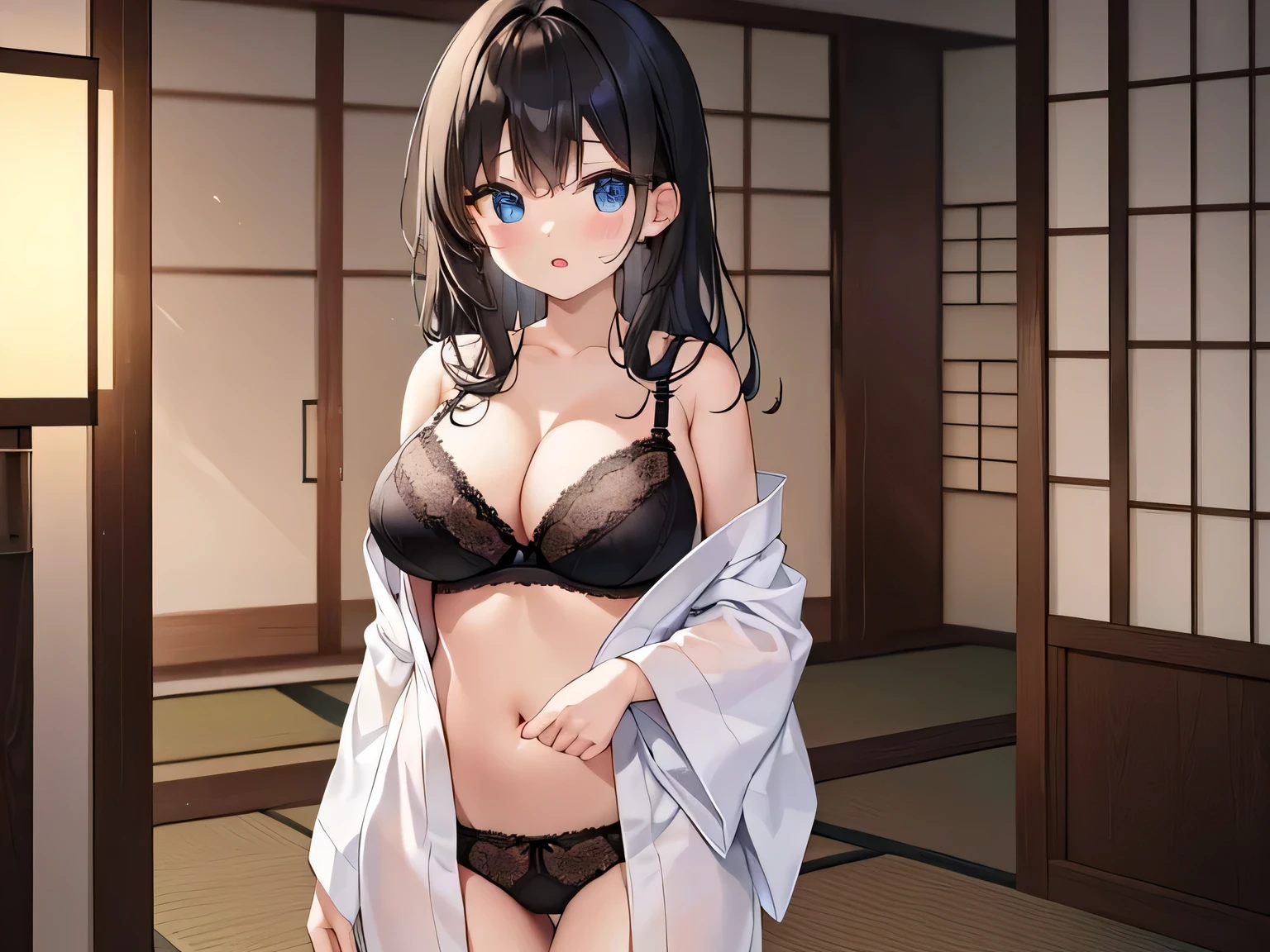 masterpiece, highest quality, so beautiful, Absurd, up to date, One girl, Unbuttoned Japanese clothing,chest,Panties,Sweat,Changing room at a ryokan, alone, shout, v eyebrows, Black Hair, View your viewers, ponytail, Long Hair, sword, kimono, arms, Similarly, blush,hair ornaments, bangs, Shine