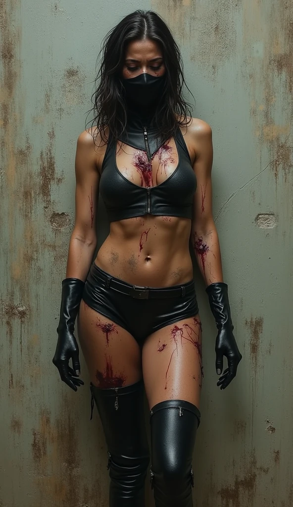 a naked southern muscle goddess is chained to a wooden cross in a castle dungeon, Hands high above your head, Arme gerade, Sie steht auf Zehenspitzen, the chest is proudly puffed out, big plump breasts, very muscular calves, unbekleidet, nackt, beautiful face, 35 Jahre alt, stolzer Gesichtsausdruck, Folterszene, the body is covered with bleeding wounds, fotorealistisch,