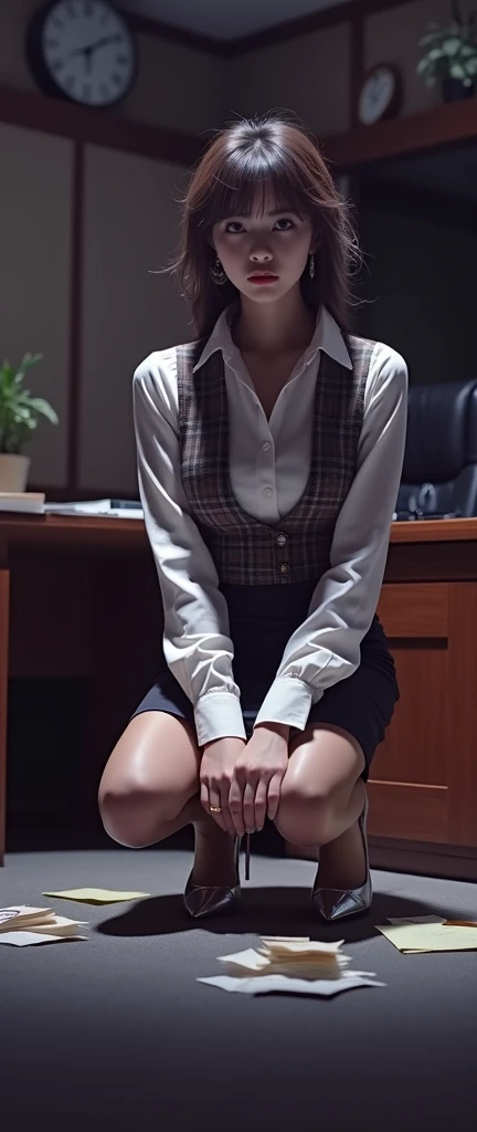works as a manager (in the dark), in the dim office, ((standing and showing off genitals with spotting blur)), wide spread legs, blouse, id card, squatting, hair up, floor, ceiling, white-socks, sneakers,