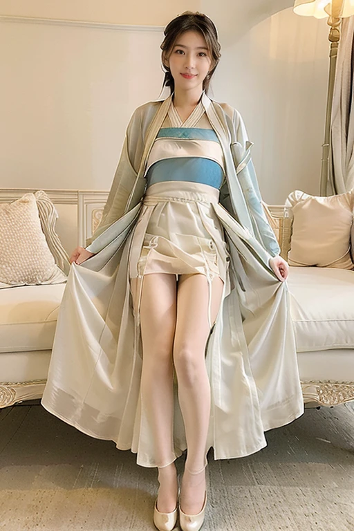 (( best quality))、(( ultra high resolution))、Super delicate face、Ultra-detailed eyes and face、 double eyelids、((Full Body Portrait))，((One Mature Woman))、(Silk Stockings:1.2)、(skirt lift ,skirt lift by myself :1.3)、(Hanfu dress:1.4)、( Lace Fabric Panties)、 high heels、 Big Breasts 、Luxurious Room、 PROFESSIONAL LIGHTING 