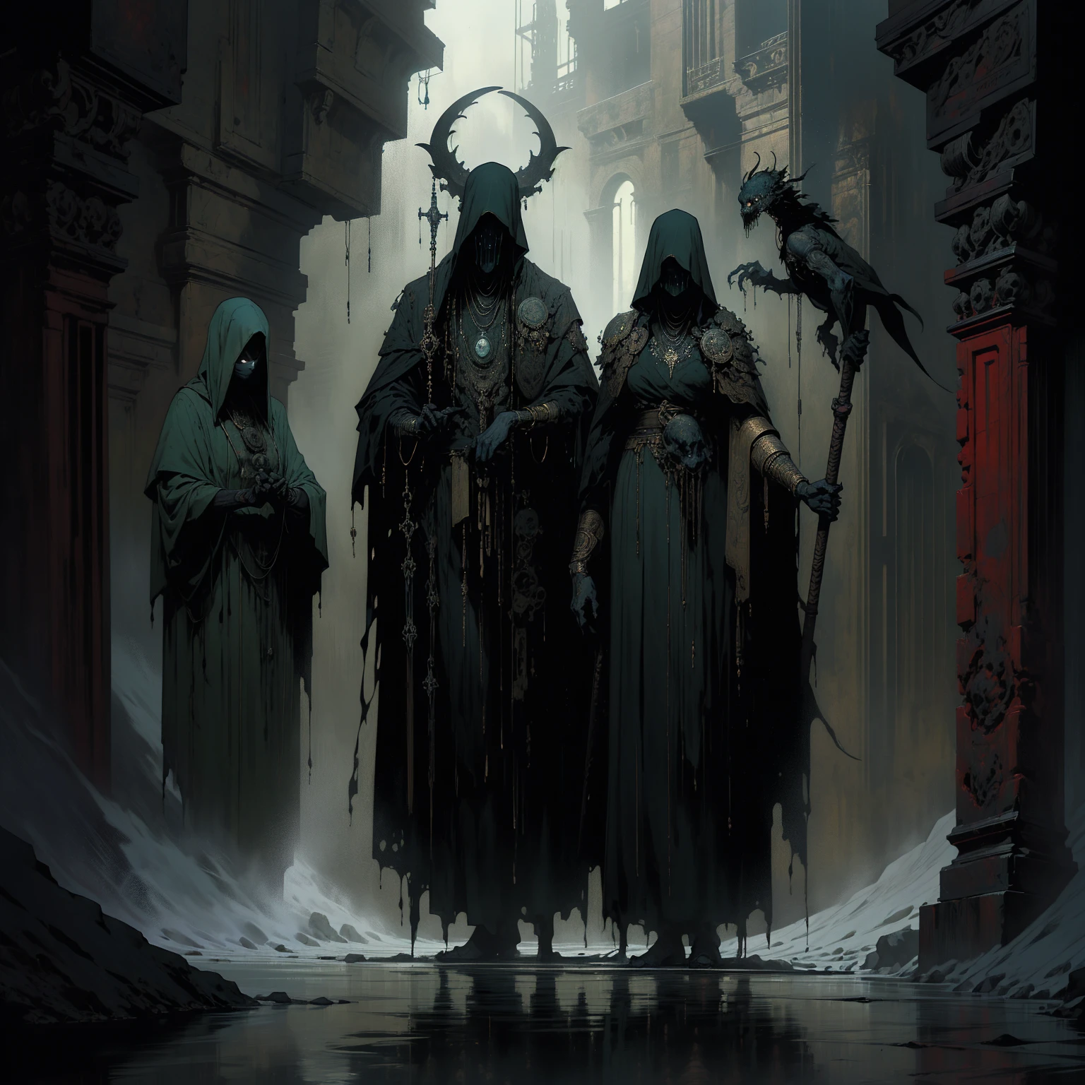 ( excellent quality ) 1boy, masculine, close up of a vampire in a dark courtyard, stern expression, crimson eyes, very long black hair (male), gray fur coat collar, black goatee, very pale skin, pointy ears, elf ears, ornate black plate armor, malignant aura, dominating stance, kingly aura, long coat under the plate armor, thin tabard over chest, blood red sky, makoto shinkai, artgerm and atey ghailan, demon slayer art, krenz cushart and artgerm, makoto sinkai, casimir art, range murata and artgerm