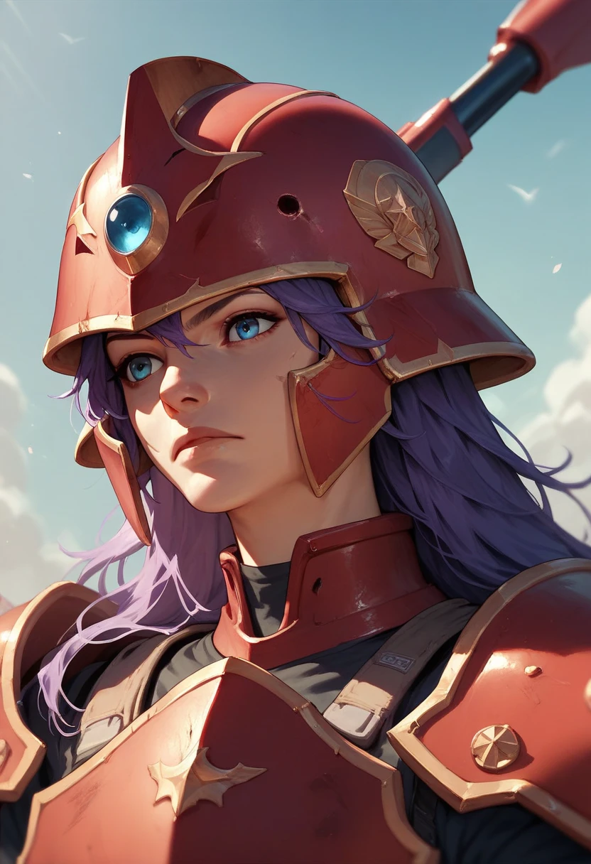 1girl, solo, soldier \(dq3\, purple hair, long hair, blue eyes, red armor, helmet