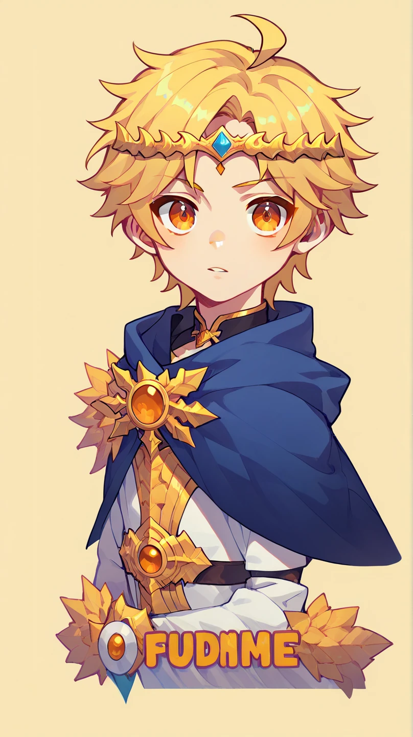 ((Highest Quality))), (Simple background), Solo, character sheet, 1boy, hair Intakes, Blonde Hair, parted bangs, ahoge, orange eyes, tsurime, circlet, fantasy clothes, light armor, cape, hood down