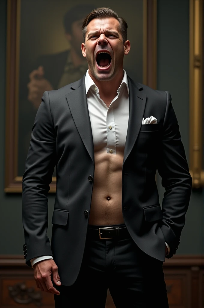 A man without underwear opening the fly of his suit and showing part of his penis