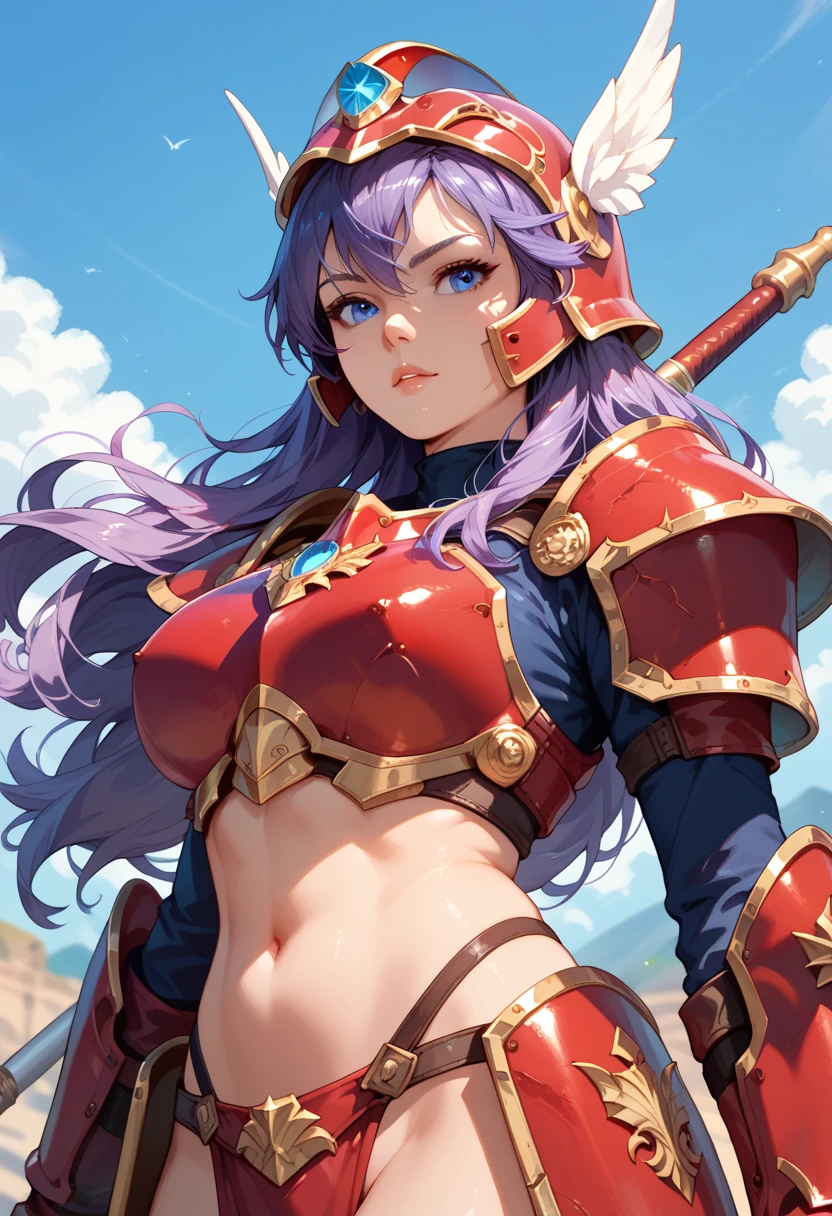 1girl, solo, soldier \(dq3\, purple hair, long hair, blue eyes, red armor, helmet