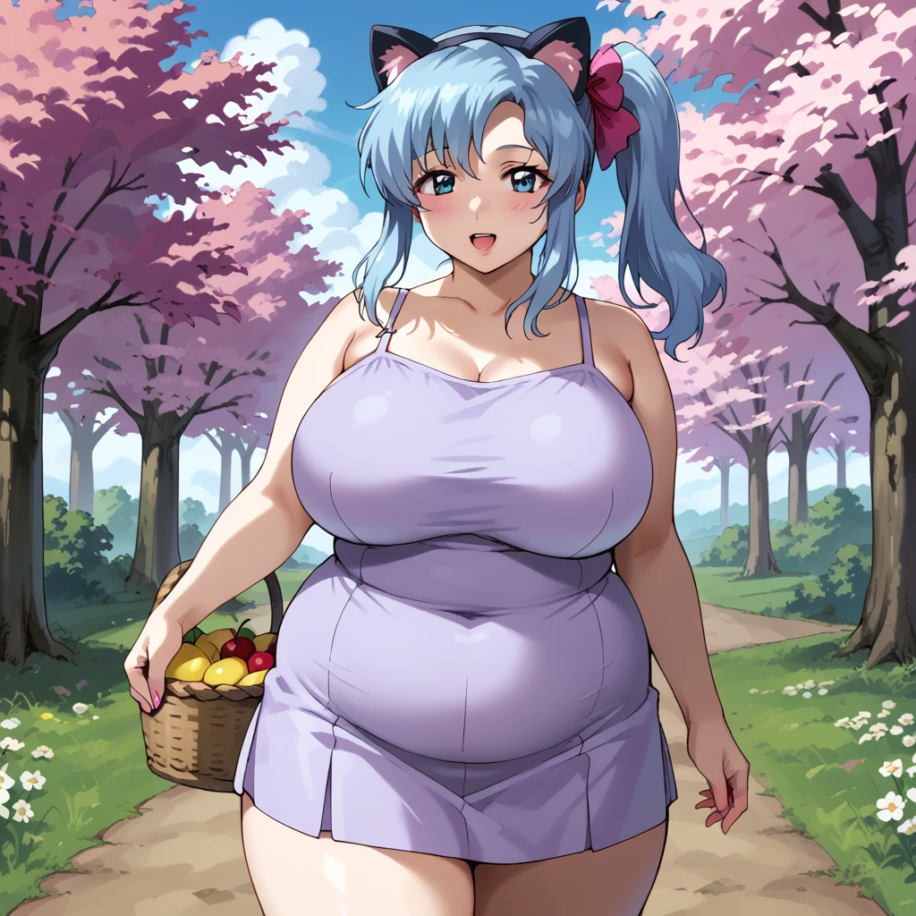 score_9, score_8_up, score_7_up,source_anime,BREAK, gundam_seed, 1girl. Adult woman, She has very long light blue hair side ponytail, bright blue eyes, pink metal (mechanical cat ears), round face, pink bow in her hair. she is (FAT) and chubby, with huge breasts, (plump belly), wide waist, thick arms, belly rolls, bubble butt, wearing a cute purple sundress, carrying a picnic basket by the handle.   In a field of cherry blossom trees.  confident, proud, having fun, happy, masterpiece,best quality,amazing quality, wind blowing skirt,