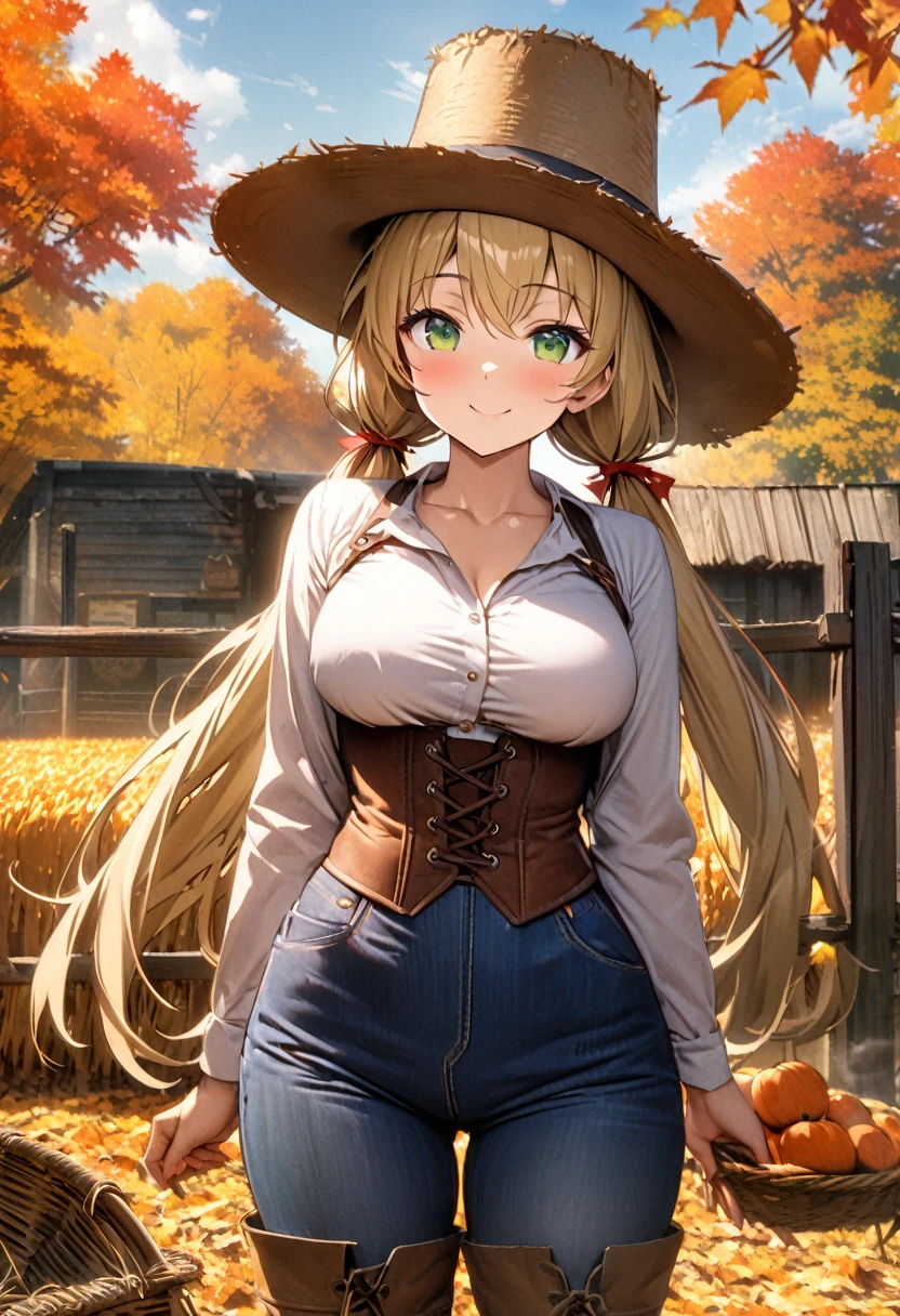 a woman with long blonde hair, long thick twin tails, green eyes, big rim hat, wearing farm clothes with a underbust corset, cowboy boots on a farm, well detailed, smiling, big breasts, trees in the background, HDR, ultra resolution, well defined, masterpiece, 8K HD. (solo woman), autumn, fall colors, harvest time, New England,
