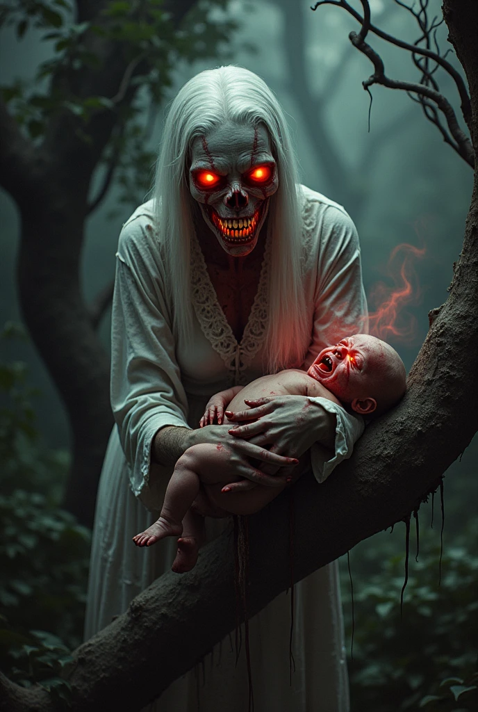 A haunting depiction of the witch holding the baby under a blood-red moon. The witch’s face is obscured by shadows, and her eyes glow with an unholy light, emphasizing the malevolence of her curse.

