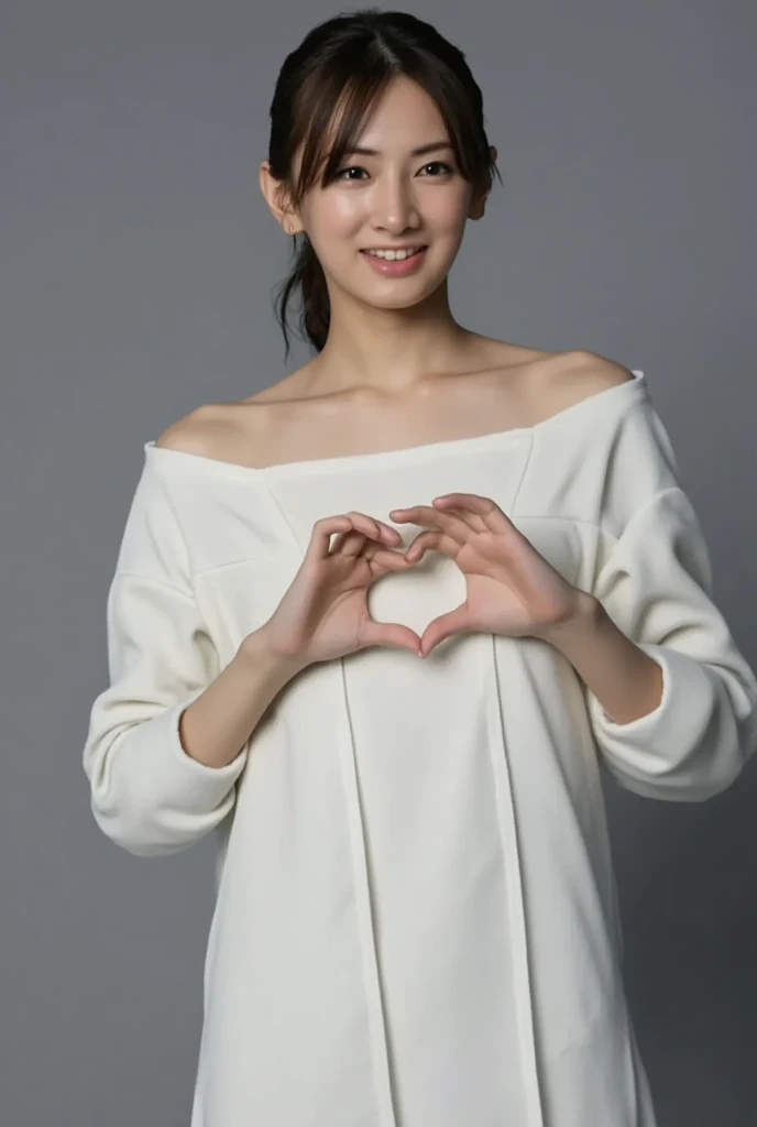 Only one woman with a cute smile wears cute, fluffy off-shoulder pajamas, makes a big heart shape with both hands, and poses them in front of her chest, View above collarbone、The background is a monotone 、
