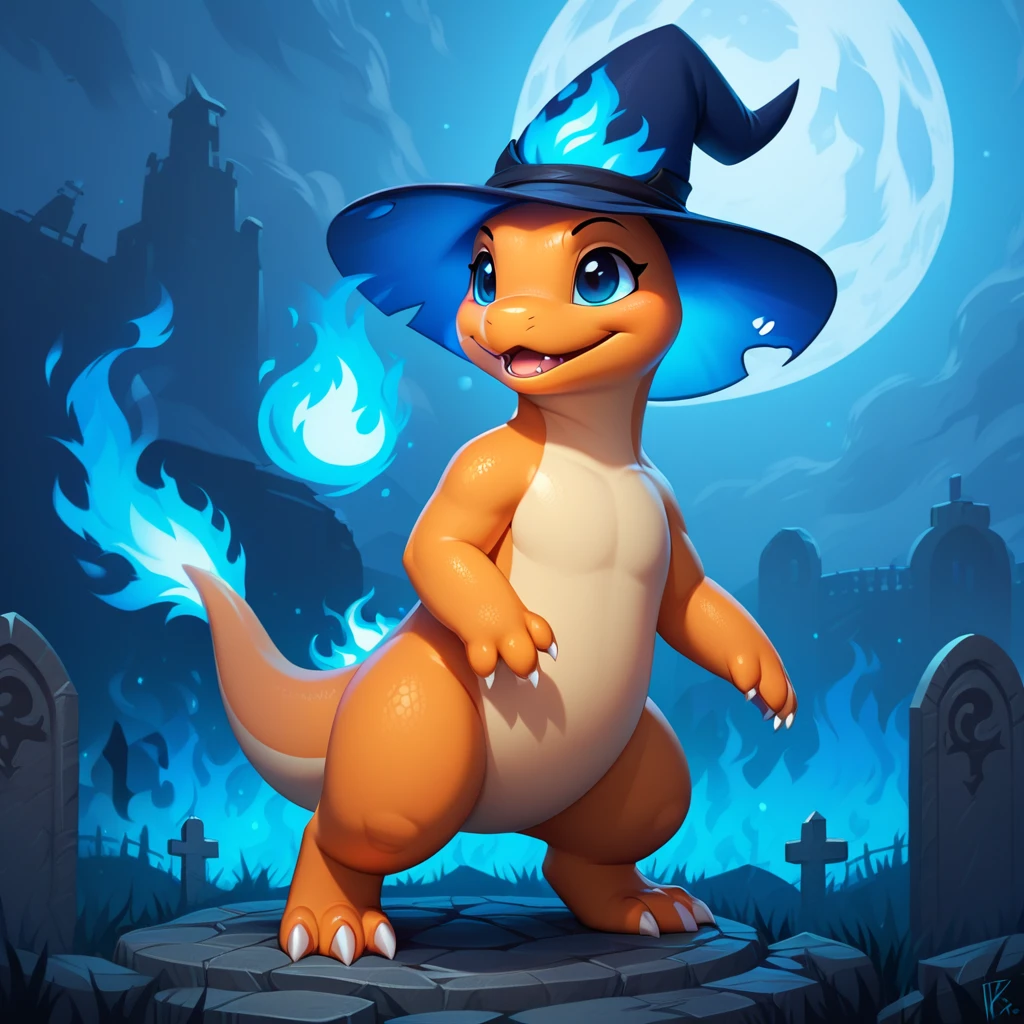 score_9, score_8_up, score_7_up, score_6_up, score_5_up, no humans, rating_safe, Ghostly Blue Charmander, dripping with ghostly blue flames, tail lit by eerie blue fire, void black eyes, stiches for a mouth, dark blue neck fluff, a ghostly blue witch hat with blue flames, graveyard and mist and blue fire

