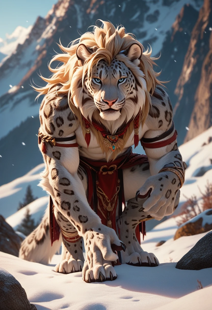 Full body, (red:1.1) Snow leopard, Male, Fuzzy, Front view, with mane, Claws on fingers and toes, with quiver ,  very detailedes Fell,  up in the picturesque high mountains,  highest quality,  high resolution ,  very detailed,  very detaileder Hintergrund