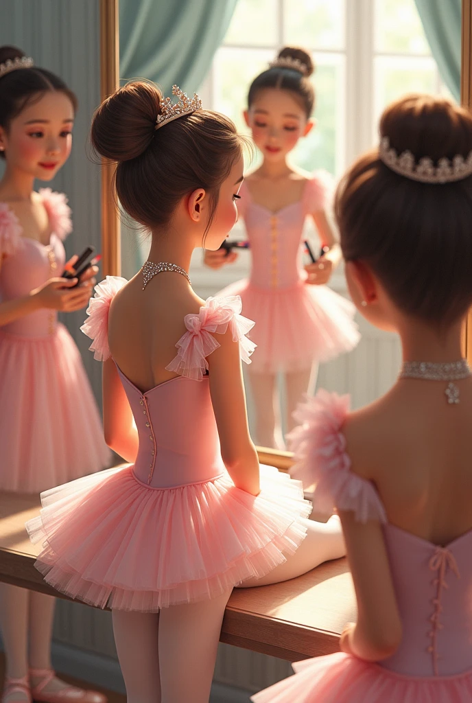 SFW, ExtremelyDetailed (((Ballet Dancer Team Kawaii Kids in a row:1.4))), Childish perfect face, Reflective Eyes, Detailed(Delicate Clothing textures), Corrected Leg to Foot Line, Corrected Childish Hand, Dynamic Joyful Expressions LifeLike Rendering, ((Specular Reflection:0.8)), TopQuality 8K Ultra-detailed masterpiece (ProfessionalPhoto:1.37)(Acutance:0.8),(Luminism:1.28), facing away (from side )