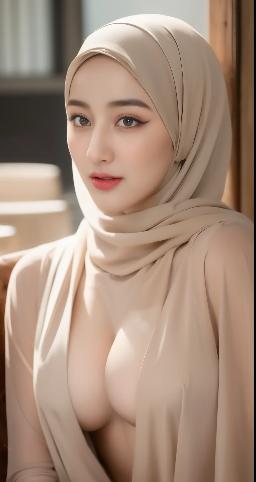 ((wear hijab in head)), pretty hijab girl, in caffe, caffe shop,beutifull long eyelashes, brown eyes, (intricate eye details), detailed nose, detailed lips, elegant face, detailed face, detailed eyes, detailed hijab girl, wear hijab girl, wear hijab, wear hijab in head, big breasts, no bra, ((No Bra)),big nipples, ((nude big tits)), show your breasts, show your big tits, show your breasts, ((nude bra)), open long clothes,long abaya clothes, clothes long outfit trendy, clothes long, clothes long, sexy waist,  hijab girl, caffe background,masterpiece, (close-up shot portrait), position:standing,  photorealistic, HDR, UHD, professional, vivid colors, warm lighting,night,masterpiece, realistic beautifull hijab.