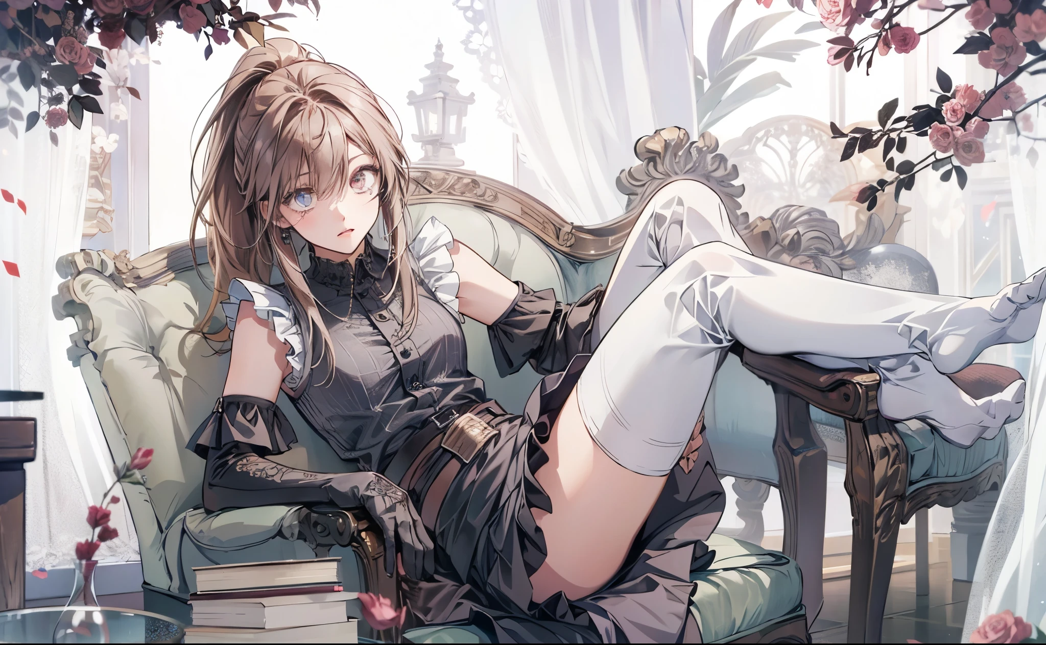 an1, brown eyes, ponytail, 
BREAK ((sleeveless shirt, rose, frills, belt, black miniskirt, black thighhighs, lace trim:1.2)),
BREAK (masterpiece:1.2), best quality, high resolution, unity 8k wallpaper, (illustration:0.8), (beautiful detailed eyes:1.6), extremely detailed face, perfect lighting, extremely detailed CG, (perfect hands, perfect anatomy),