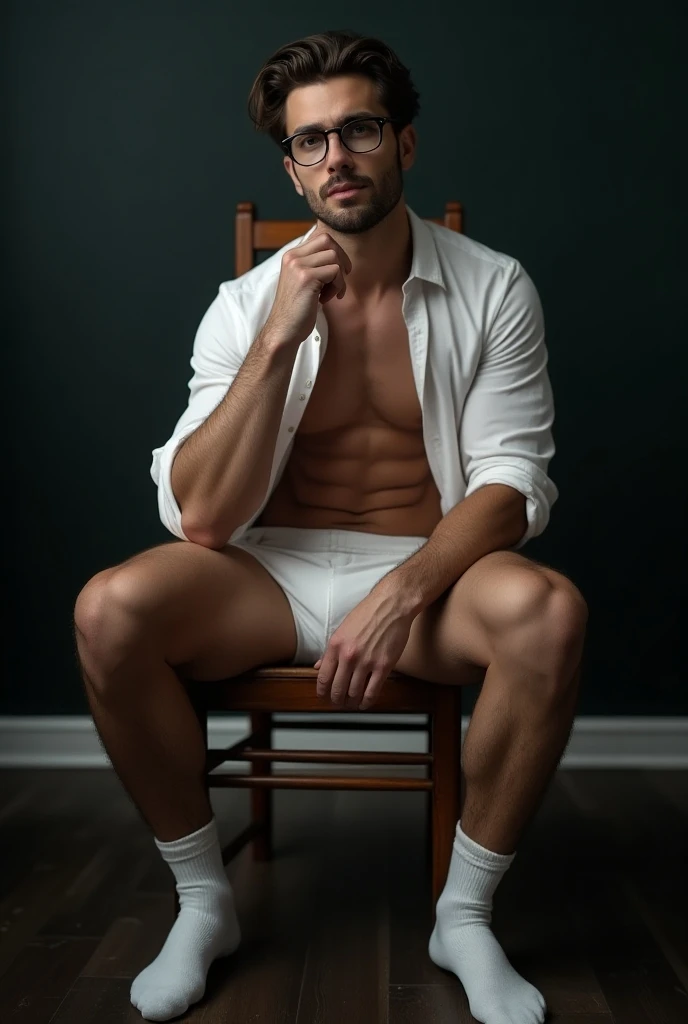 A sexy man wearing underwear sitting in a chair