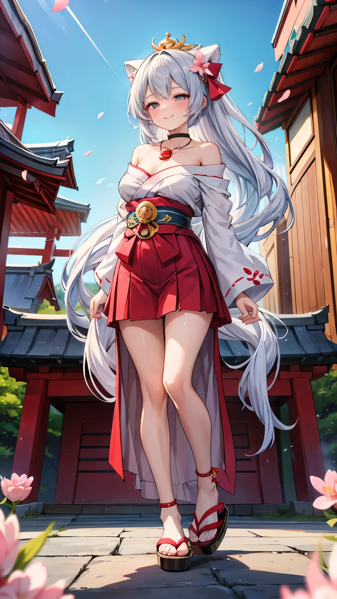 (masterpiece,best quality,ultra-detailed), a 23-years old compassion, nurturing, impeccable, older sister. She has ice white colored side-swiped bangs long hairs to waist, ocean blue colored tareme, short and round arctic fox ears and long and fluffy tail, a mature body shape and curves, wearing stylish off-shoulder shrine maiden top and midi pleat skirt, a stylish geta sandals, a pearl necklace on neck, and a kanzashi of sakura petal on head, standing in a nurturing pose, in front of a japanese shrine, face in nurturing expression, hand above her chest, genuine smile at the viewer, full body