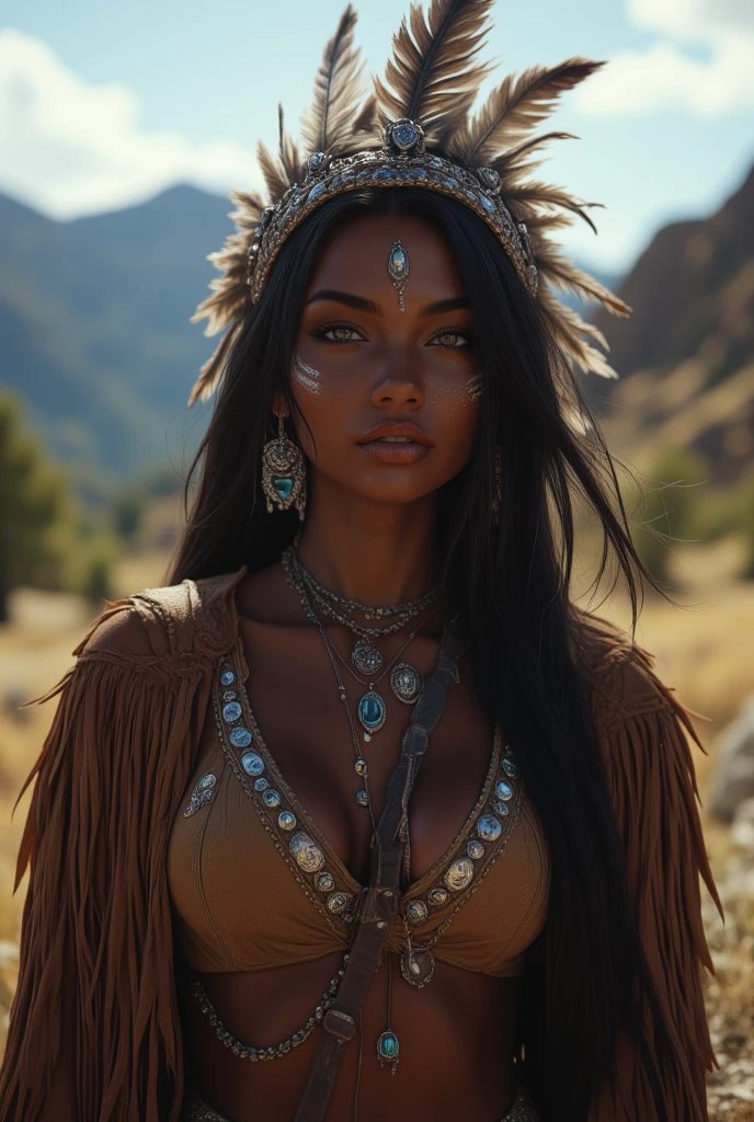 ne0nfant4sy, cowboy shot, masterpiece,  a painting of a stunningly beautiful woman, ethereal fantasy concept art of  a Native American female warrior\(cute,beautiful,age of 22, (barefoot : 1.4), (facial mark : 1.3), (tribal body paint : 1.2), whold body, dark skin,dark floating hair,dark shiny eyes,big eyes,face with strong will,leather dress\(fringe, glass beads\),indian cape\(fringe, glass beads\), war bonnets\(Native American feather crown\),shiny dark fresh skin,breast,necklace\,indian moccasins,glass bead earrings), BREAK ,background(outside,American wilderness,western era),Dynamic action poses, dynamic angles, BREAK ,quality\(8k,wallpaper of extremely detailed CG unit, ​masterpiece,hight resolution,top-quality,top-quality real texture skin,hyper realisitic,increase the resolution,RAW photos,best qualtiy,highly detailed,the wallpaper,cinematic lighting,ray trace,golden ratio\)[nsfw:2.0],looking at viewer looking at the viewer, seductive smile, inviting smile, 