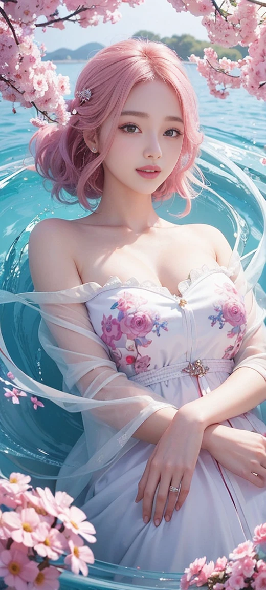 (masterpiece、highest quality、best image quality、highest resolution、water彩画(curly)、official art、beautiful beautiful:1.2)、(1 girl:1.3)、(fractal art:1.3)、I photographed the whole body、big and full breasts、From the side、looking at the viewer、pattern、(rainbow colored hair、Colorful髪、Half blue、half pink hair:1.2)、water、liquid、cloud、Colorful、starry sky、performer、