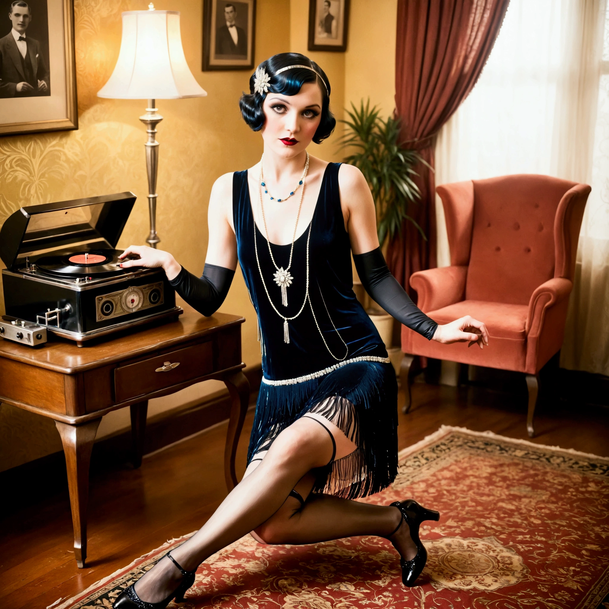 (1920s living room) a cute woman (flapper outfit, cute, age 20, flapper hair, sparkly body jewelry dance shoes, thigh high delicate stockings), tending to her vintage 1920 record player