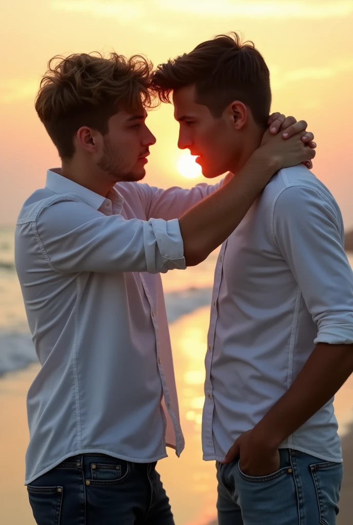 The models are all 2 males aged 1., Good figure with muscles,naked, Total height 2 meters. The two of them looked cheerful and close to each other.. They are Korean., white, and tall. Naked guys , big penis, butt plug. The backdrop is a beach., beautiful sea, white sand, Realistic picture. Sitting down, one hugging the other from behind