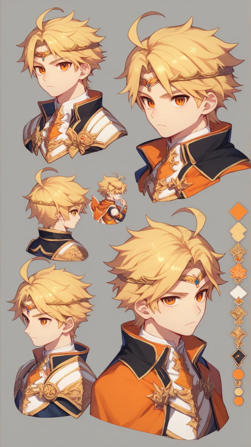 ((Highest Quality))), (Simple background), Solo, character sheet, 1boy, hair Intakes, Blonde Hair, parted bangs, ahoge, orange eyes, tsurime, sanpaku, circlet, fantasy clothes, light armor, cape, hood down