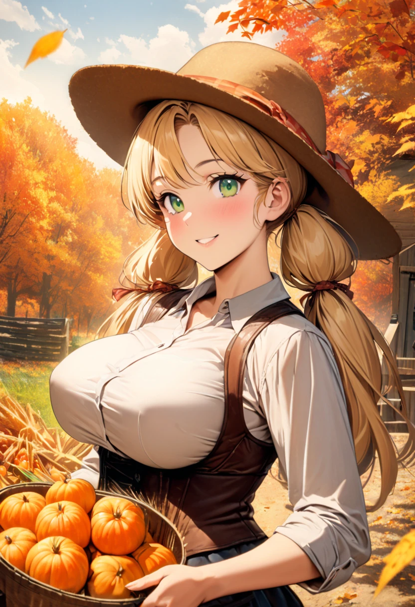 a woman with long blonde hair, long thick twin tails, green eyes, big rim hat, wearing farm clothes with a underbust corset, well detailed, smiling, big breasts, trees in the background, HDR, ultra resolution, well defined, masterpiece, 8K HD. (solo woman), autumn, fall colors, harvest time, New England, tomboy, athletic build, 1950’s.
