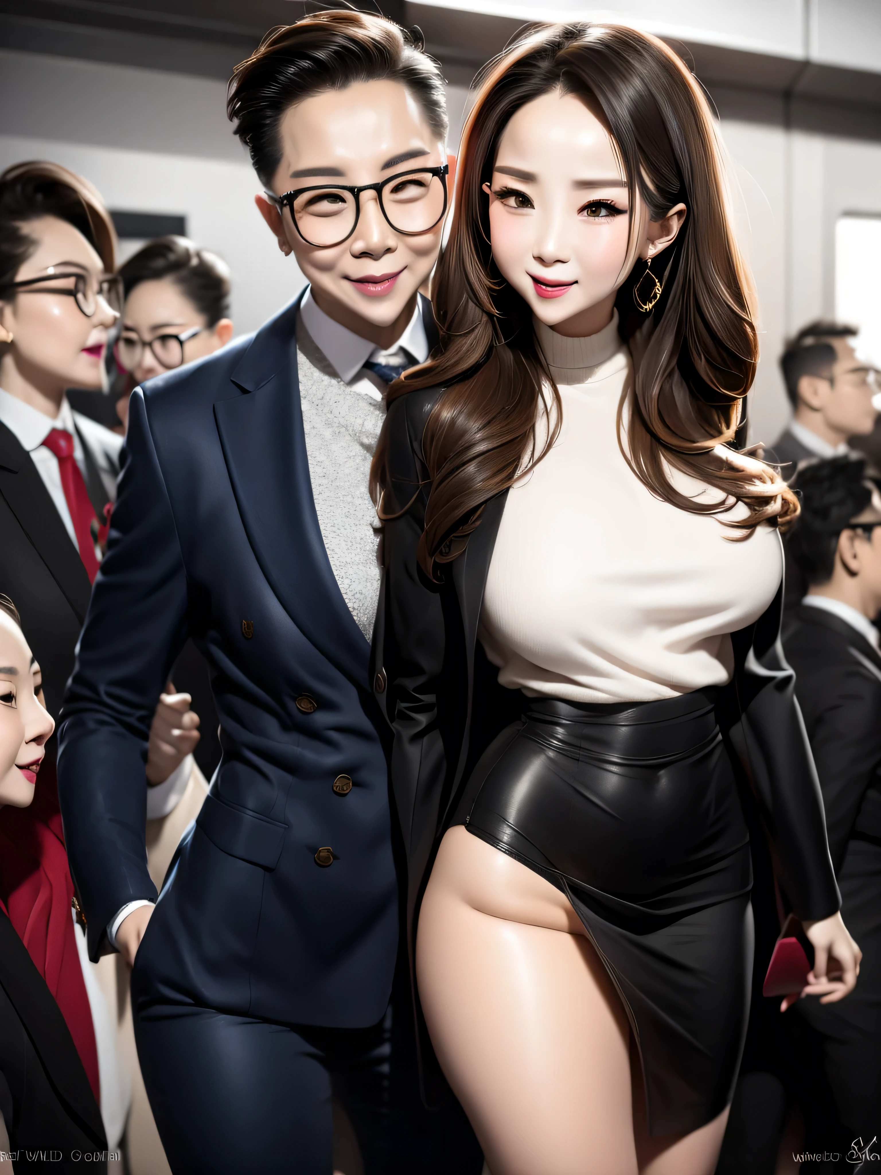 A beautiful woman wearing a revealing skirt suit, her elderly husband hugged and kissed her from behind in the crowded crowd, UHD, masterpiece, textured skin, super detail, best quality, 8k.