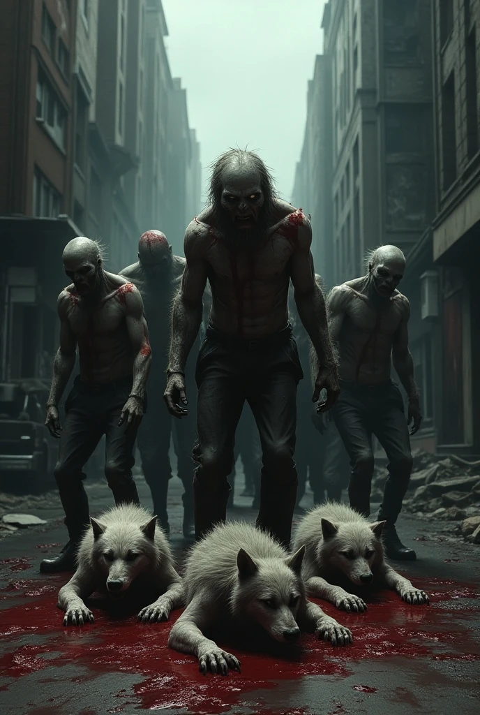 zombie holding a leash with bear zombies 