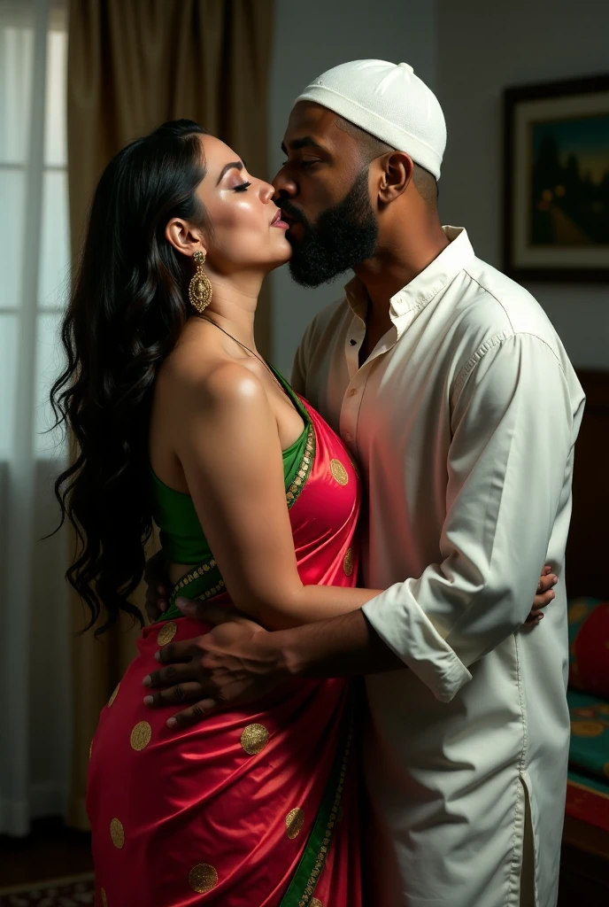 Newly wed indian couple, hot curvy south indian thick milf with messy bun hairstyle, big breast, big hip, big ass, thick thighs, woman wearing silky saree, indian couple, very short indian brown man with buzz cut, very big muscular body and beard, man wearing shorts, woman with man, couple in a big bedroom, high resolution, looking at camera, tall woman and short man, close-up potrait, Closed Mouth, man pulling woman hair, serious face, couple sitting in bed, front view